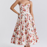 Robe de soirée élégante femme style princesse bustier jupe midi évasée