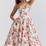 Robe de soirée élégante femme style princesse bustier jupe midi évasée