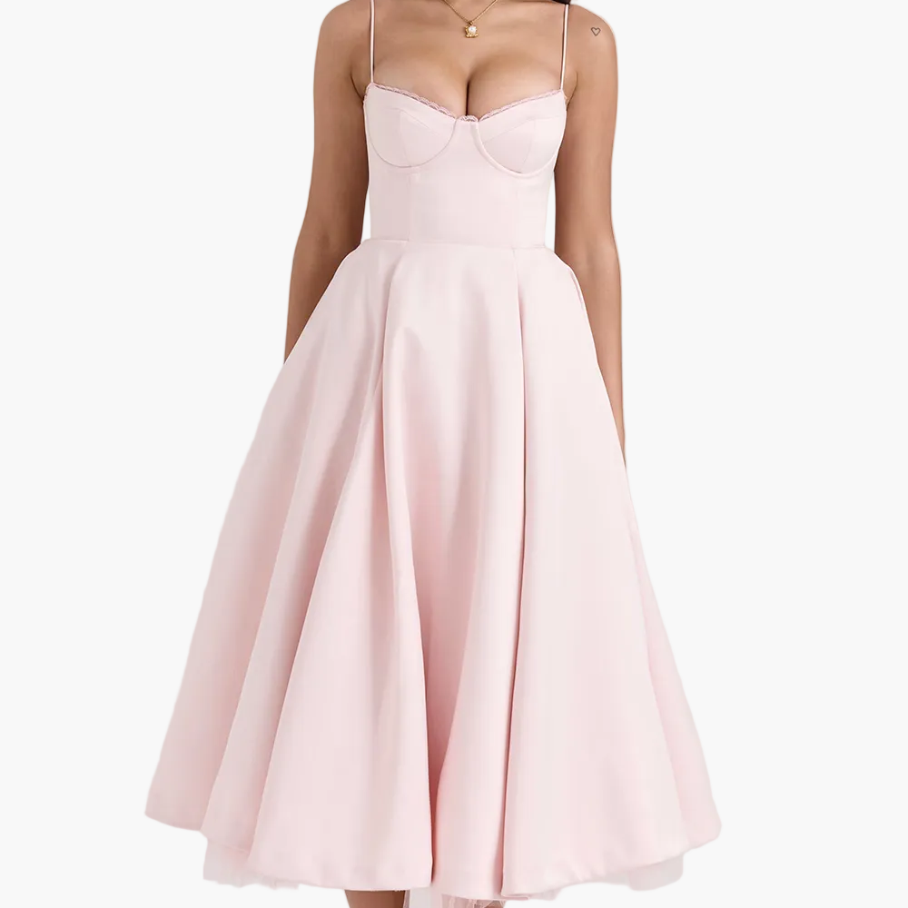 Robe de soirée élégante femme style princesse bustier jupe midi évasée