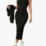Ensemble Femme Élégant Deux Pièces Pull Boutonné et Jupe Longue Style Décontracté Printemps Automne