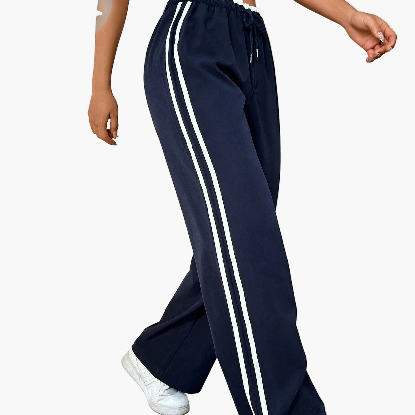 Pantalon large sport femme style streetwear à bandes – coupe décontractée idéale pour le quotidien