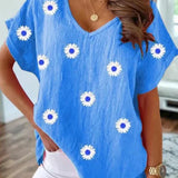 Casual T-shirt V-neck z drukiem kwiatowym 3D