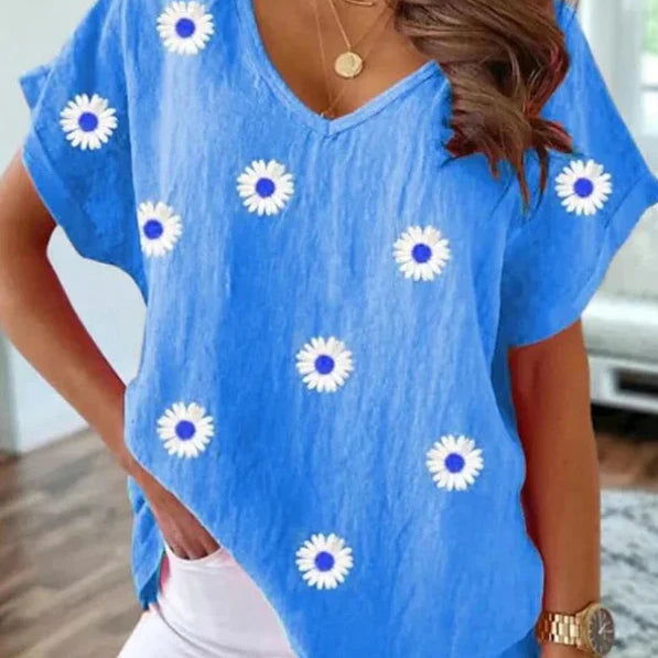 Casual T-shirt V-neck z drukiem kwiatowym 3D