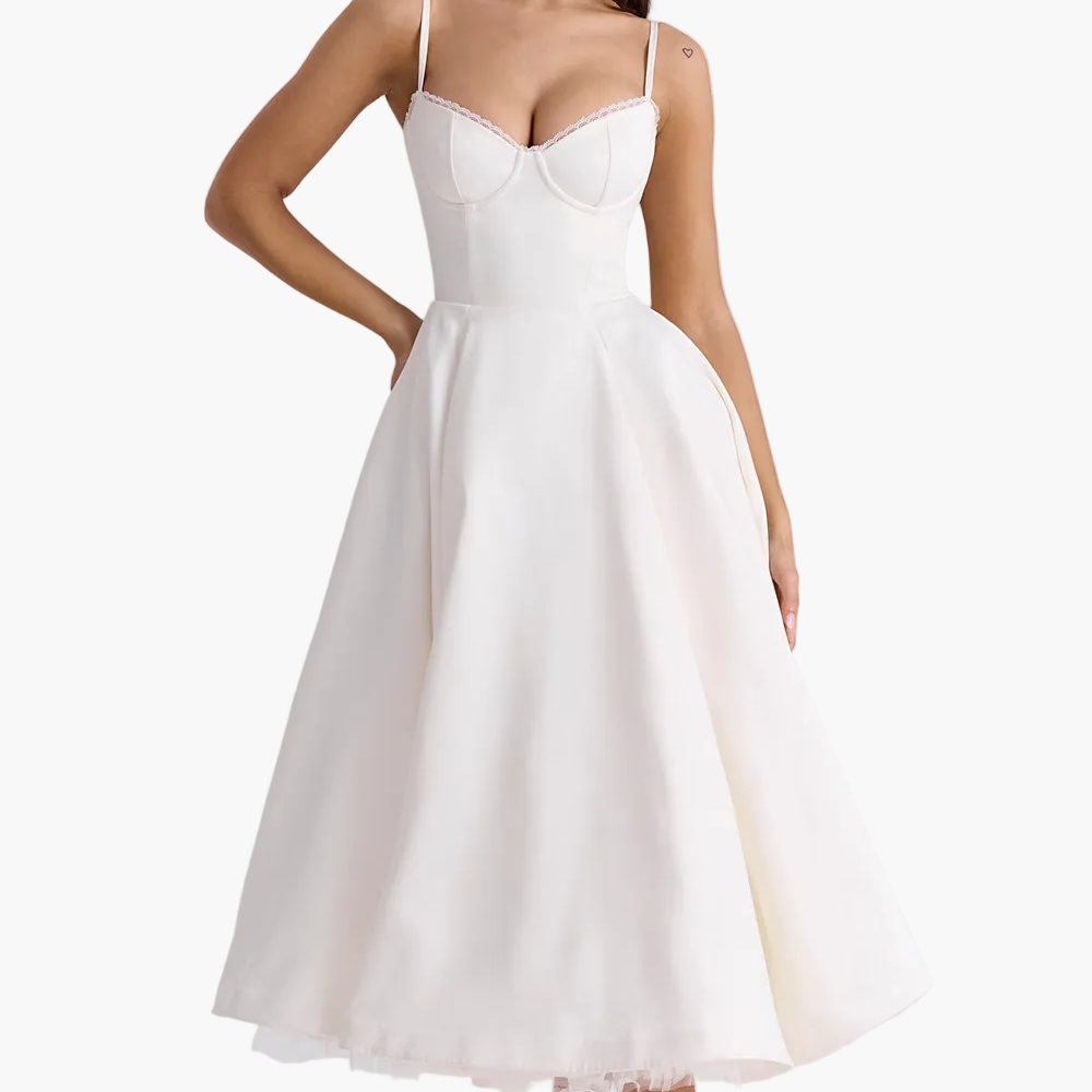 Robe de soirée élégante femme style princesse bustier jupe midi évasée