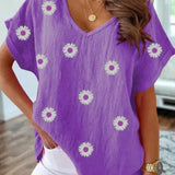 Casual T-shirt V-neck z drukiem kwiatowym 3D