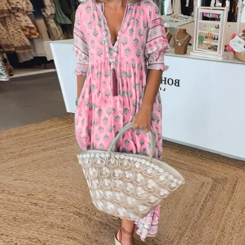 Damska Sukienka Midi z Nadrukiem | Boho