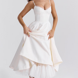 Robe de soirée élégante femme style princesse bustier jupe midi évasée
