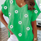 Casual T-shirt V-neck z drukiem kwiatowym 3D