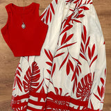 Ensemble féminin style vacances chic à motifs tropicaux - Haut sans manches et jupe longue avec taille froncée
