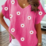 Casual T-shirt V-neck z drukiem kwiatowym 3D