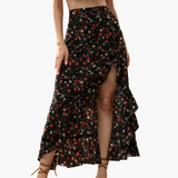 Jupe longue portefeuille fleurie à volants pour femme, style bohème élégant, idéale été et vacances