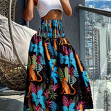 Jupe longue taille haute bohème femme à motifs tropicaux pour l'été