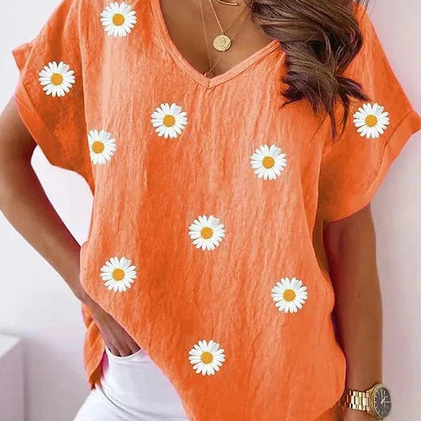 Casual T-shirt V-neck z drukiem kwiatowym 3D