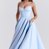 Robe de soirée élégante femme style princesse bustier jupe midi évasée