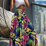 Jupe longue taille haute bohème femme à motifs tropicaux pour l'été