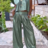 Christine – Ensemble de Pantalons à Jambe Large et Gilet Brillant