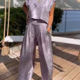 Christine – Ensemble de Pantalons à Jambe Large et Gilet Brillant