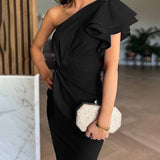 Diana | Elegancka Suknia Wieczorowa z Falbanami i Wycięciami