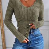 Bluzka Skinny z Dekoltem w Serek i Paskami