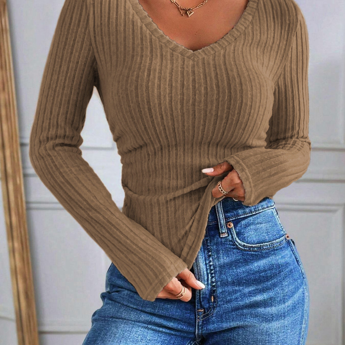 Bluzka Skinny z Dekoltem w Serek i Paskami