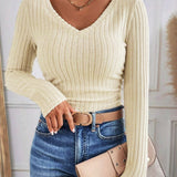 Bluzka Skinny z Dekoltem w Serek i Paskami