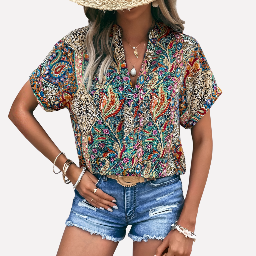 Kobieca Casual Bluzka V-Neck z Wzorem Paisley i Opadającymi Rękawami