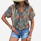 Kobieca Casual Bluzka V-Neck z Wzorem Paisley i Opadającymi Rękawami