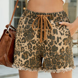 Danielle | Women's leopard-print denim shorts with a drawstring waist