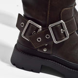 Bottes mi-hautes femme style motard à boucle – Look rétro et pratique pour l'automne et l'hiver