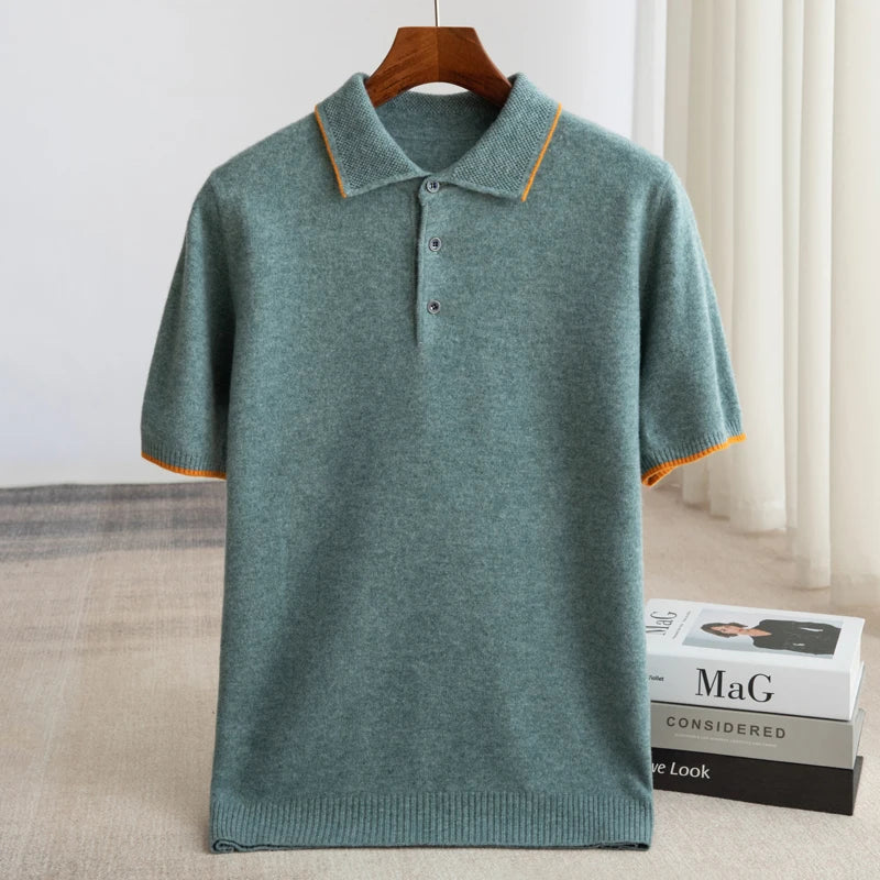 Męski Sweter Polo z Krótkim Rękawem i Kontrastowym Wykończeniem | Klasyczny Krój