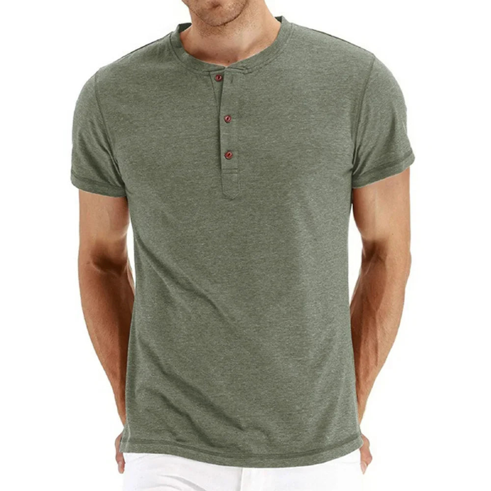 Męski T-Shirt Henley z Krótkim Rękawem i Dekoltem na Guziki | Dopasowany Krój