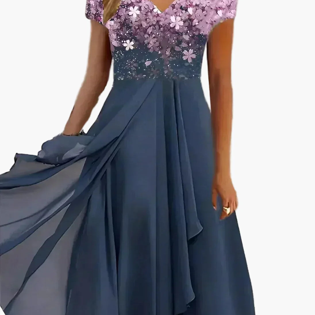 Robe de soirée élégante femme style fleuri haut chic jupe fluide événement