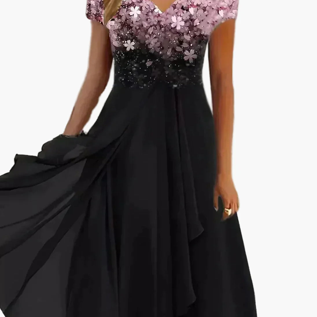 Robe de soirée élégante femme style fleuri haut chic jupe fluide événement