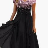 Robe de soirée élégante femme style fleuri haut chic jupe fluide événement