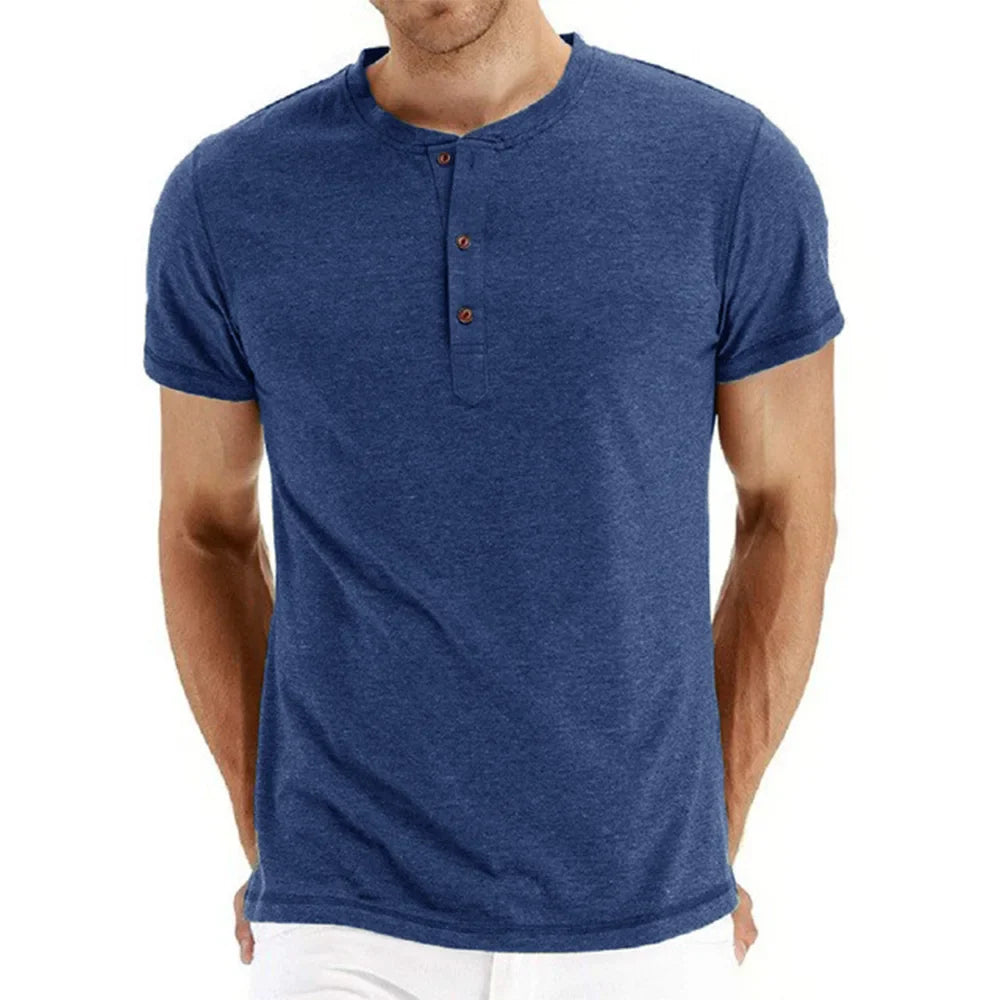 Męski T-Shirt Henley z Krótkim Rękawem i Dekoltem na Guziki | Dopasowany Krój