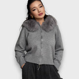Alisanne – Sweter z zamkiem i kołnierzem z futra sztucznego