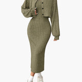 Ensemble Femme Élégant Deux Pièces Pull Boutonné et Jupe Longue Style Décontracté Printemps Automne