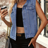 Gilet en Jean Sans Manches Femme Style Élégant Décontracté