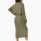 Ensemble Femme Élégant Deux Pièces Pull Boutonné et Jupe Longue Style Décontracté Printemps Automne