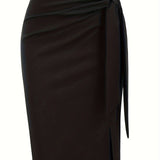 Jupe crayon élégante femme nouée à la taille, fente latérale, style bureau ou soirée