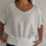 Prosta, jednokolorowa koszulka z bawełny i lnu, z półrękawem i dekoltem w kształcie litery V