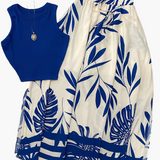 Ensemble féminin style vacances chic à motifs tropicaux - Haut sans manches et jupe longue avec taille froncée