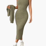 Ensemble Femme Élégant Deux Pièces Pull Boutonné et Jupe Longue Style Décontracté Printemps Automne