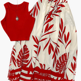 Ensemble féminin style vacances chic à motifs tropicaux - Haut sans manches et jupe longue avec taille froncée