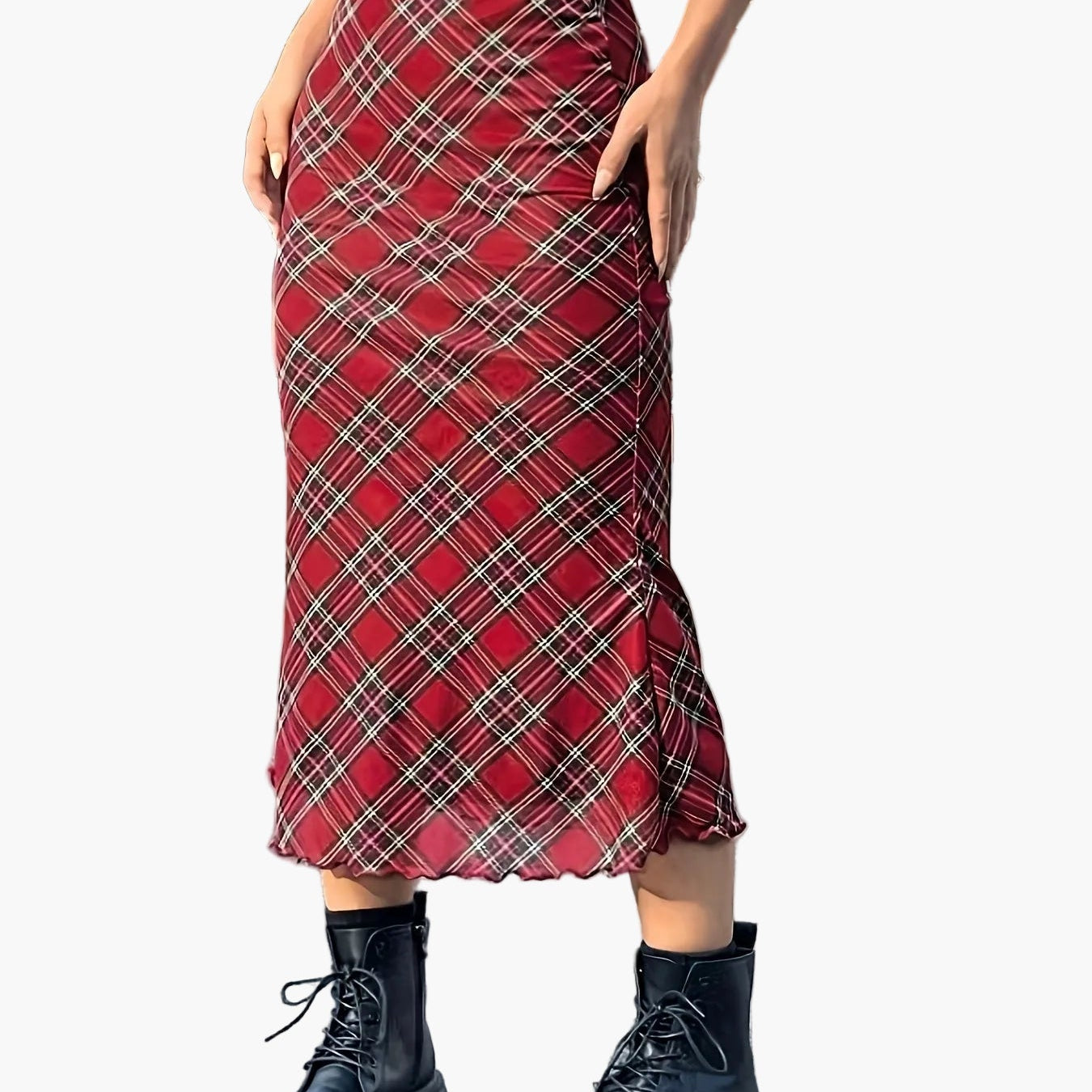 Jupe longue à carreaux géométriques style élégant pour femme