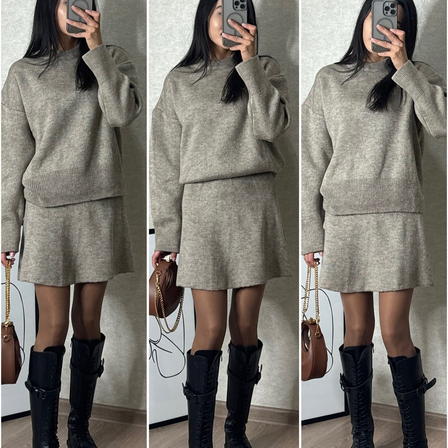 Ensemble Femme Élégant Pull et Jupe Style Décontracté Chic Automne Hiver