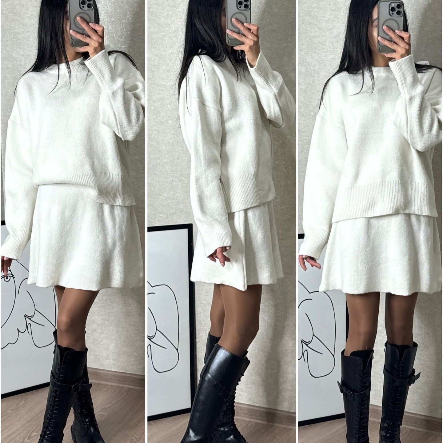 Ensemble Femme Élégant Pull et Jupe Style Décontracté Chic Automne Hiver