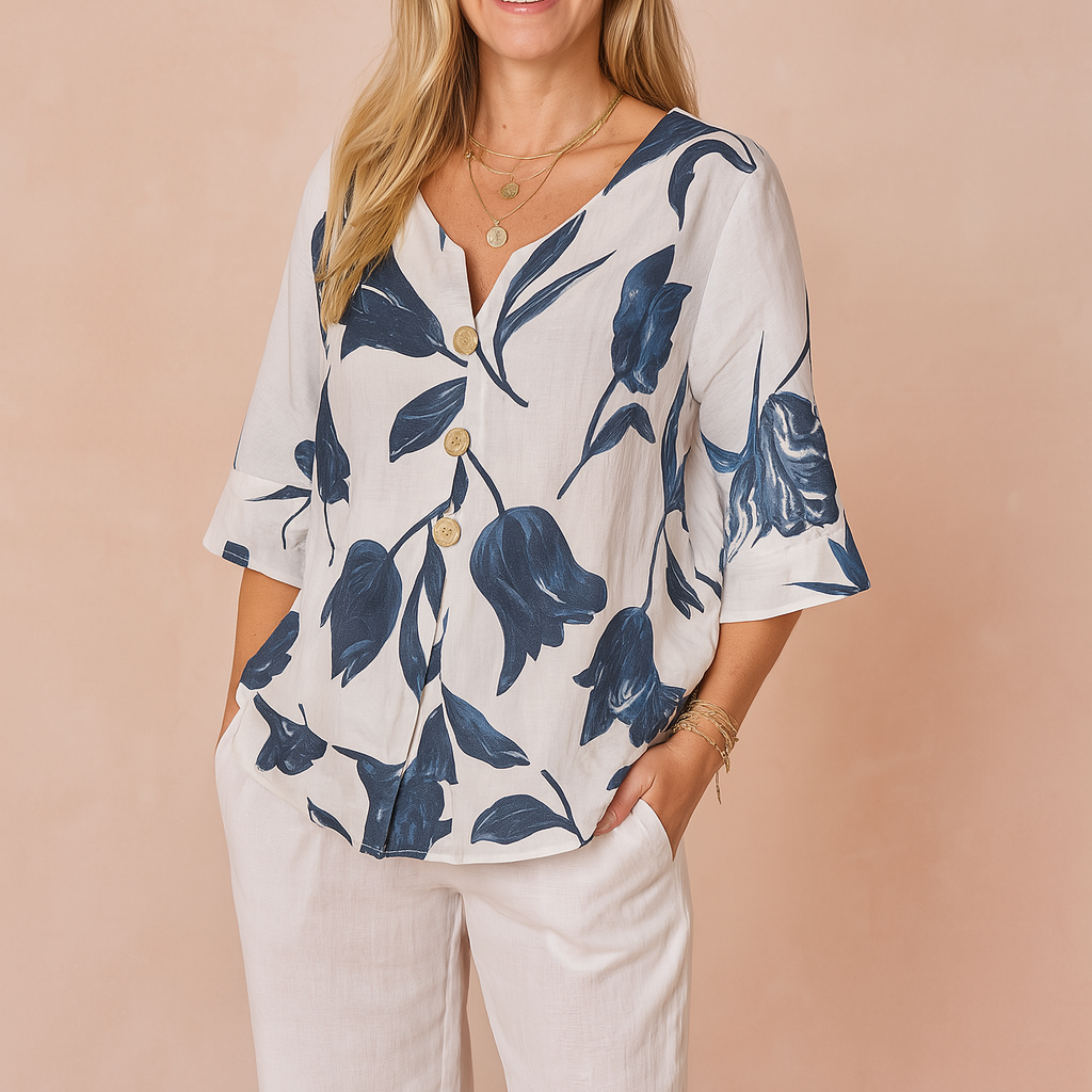 Dominika | Elegancka bluzka z kwiatowym nadrukiem i guzikami